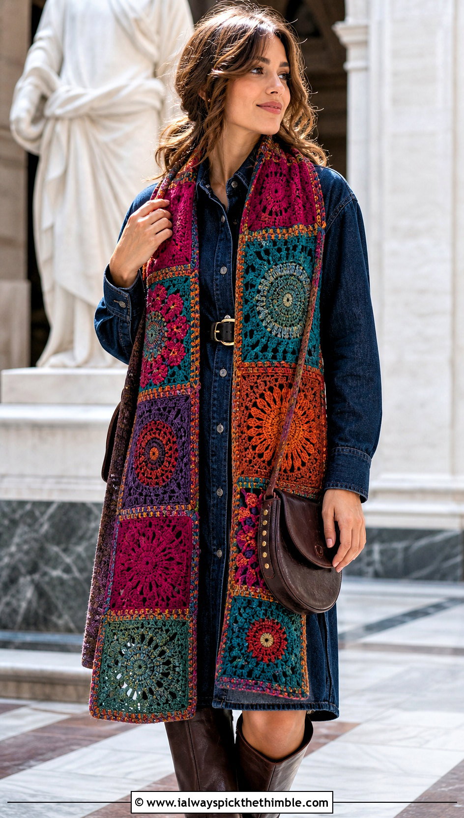 Patchwork Tapestry Crochet Scarf With Denim Dress - 25 tapestry crochet scarf outfit ideas