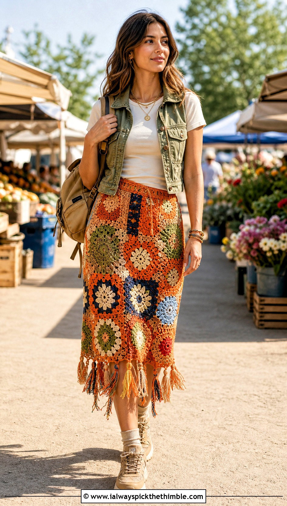 Patchwork Tassel Crochet Skirt With Utility Vest - 20 crochet skirt with tassels outfit ideas