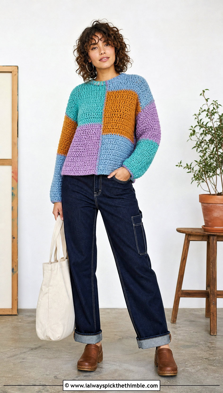 Patchwork Thick Yarn Crochet Sweater With Carpenter Jeans - 20 thick yarn crochet sweater outfit ideas