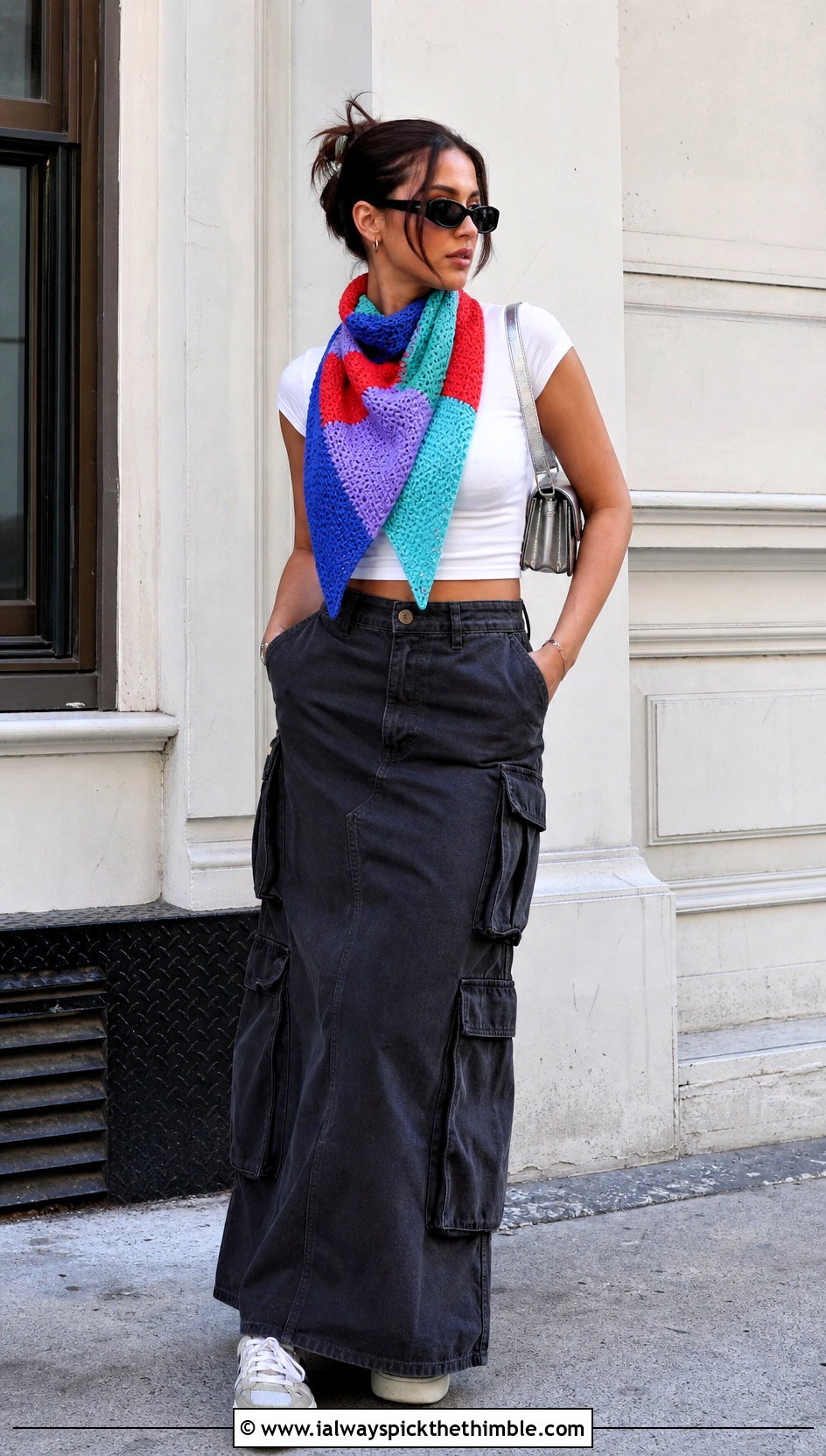 Patchwork Triangle Crochet Scarf With Cargo Maxi Skirt - 15 Boho Triangle Crochet Scarf outfit ideas