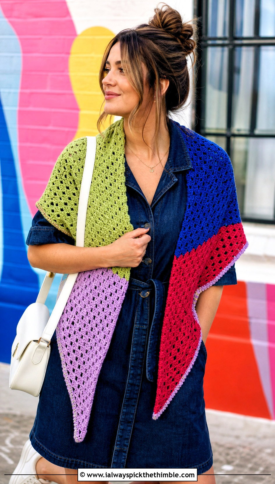 Patchwork Triangle Crochet Shawl With Denim Dress And Sneakers - 20 easy triangle crochet shawl outfit ideas