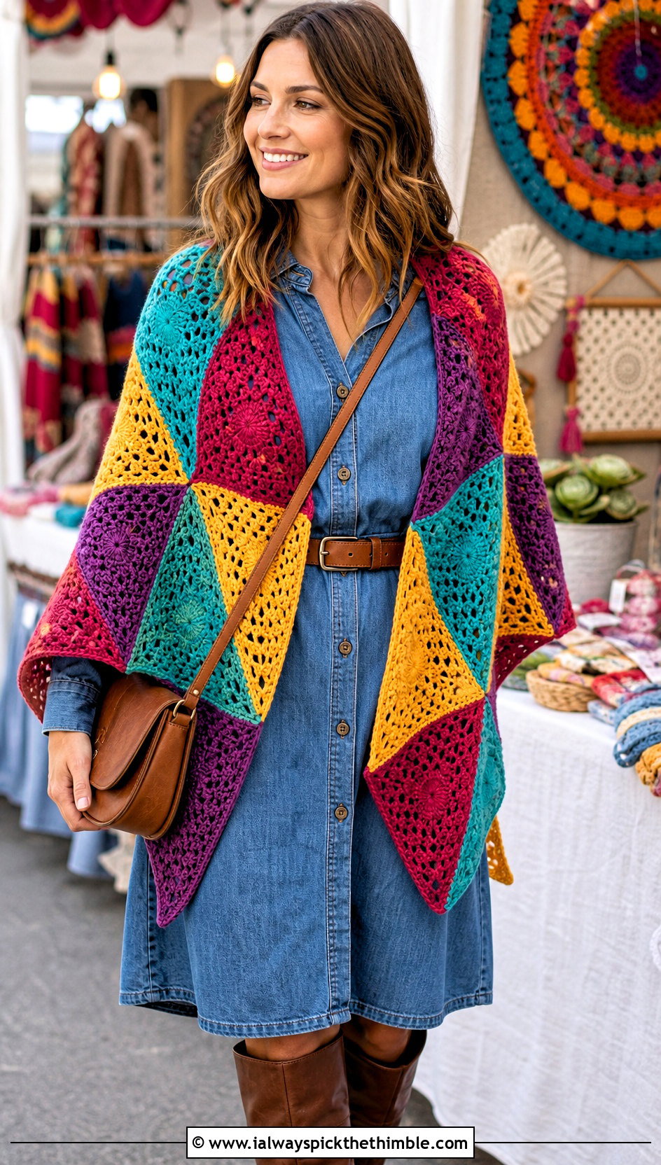 Patchwork Triangle Crochet Shawl With Denim Dress - 25 triangle crochet shawl outfit ideas