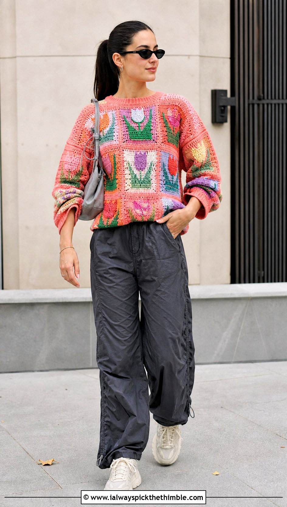 Patchwork Tulip Crochet Sweater With Parachute Pants - 20 Tulip Crochet Sweater outfit ideas