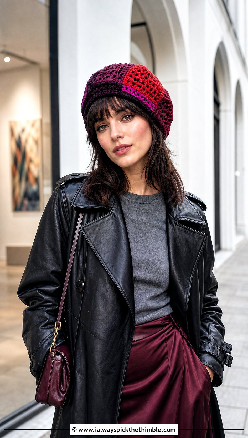 Patchwork Tulip Hat With Leather Trench And Satin Skirt - 20 crochet tulip hat outfit ideas