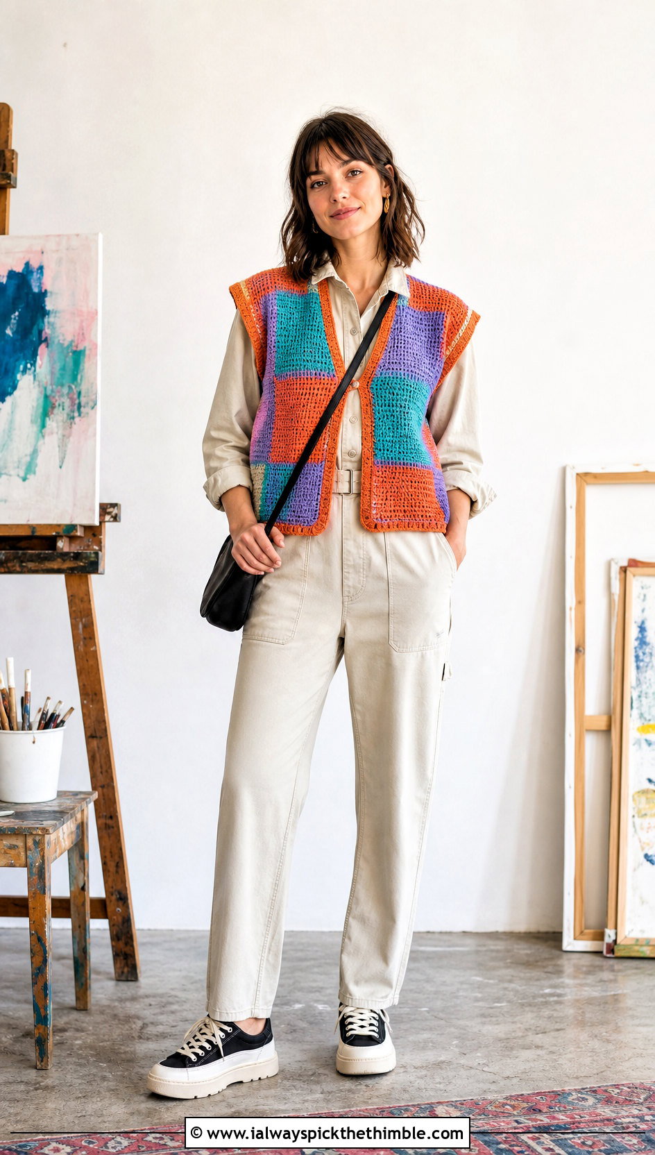 Patchwork Tunisian Crochet Sweater Vest With Utility Jumpsuit - 20 tunisian crochet sweater vest outfit ideas