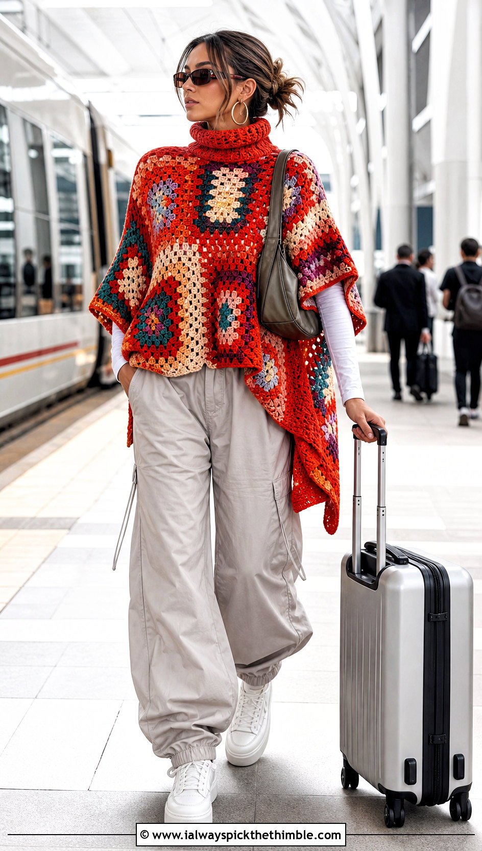 Patchwork Turtle Neck Crochet Poncho With Parachute Pants - 20 Turtle Neck Crochet Poncho outfit ideas