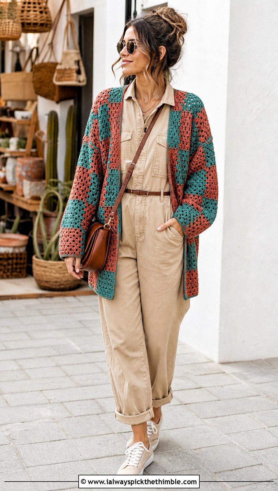 Patchwork Two Color Granny Square Cardigan With Utility Jumpsuit - 20 Two Granny Square Cardigan outfit ideas