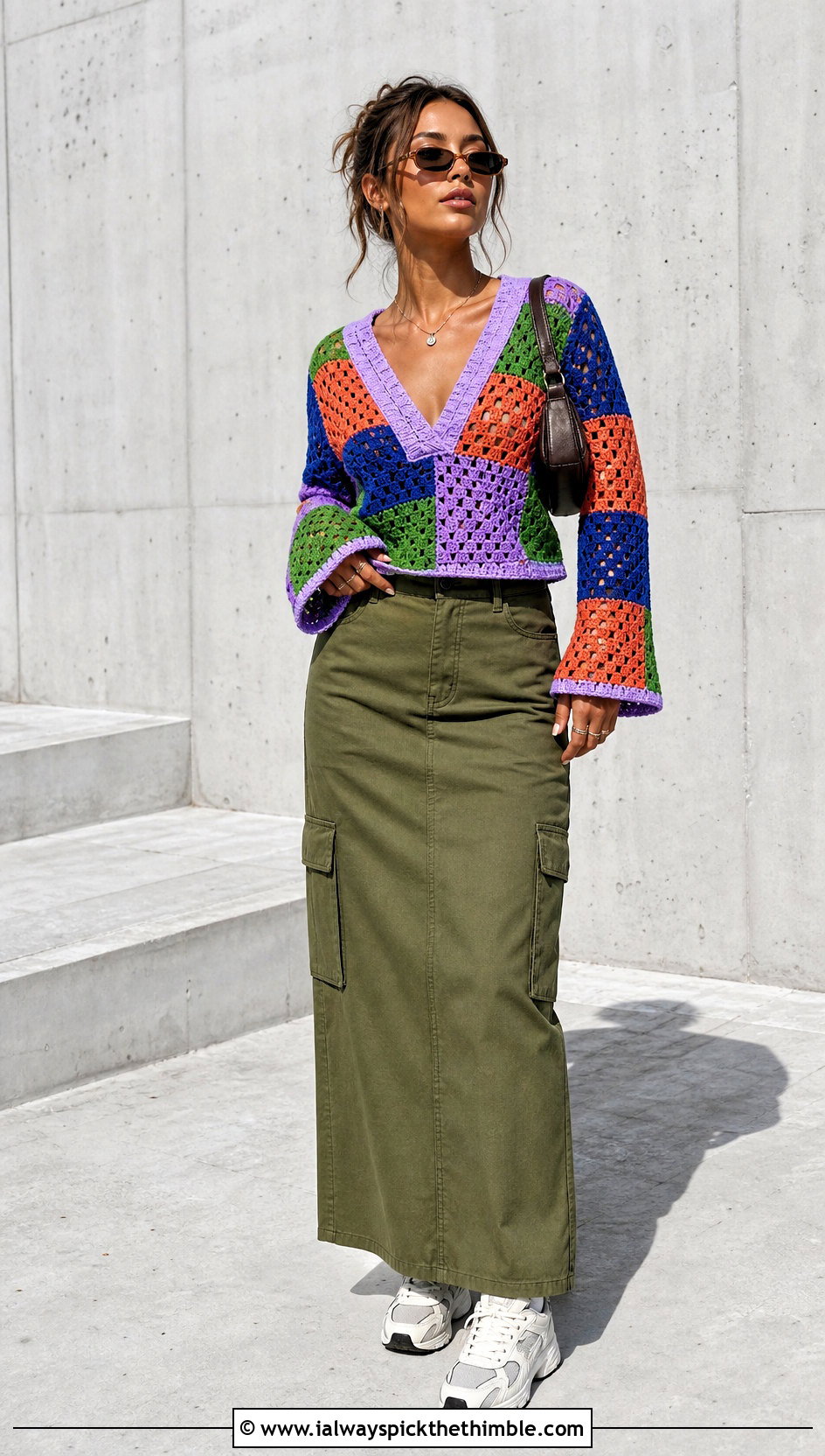 Patchwork V Neck Crochet Top With Cargo Maxi Skirt - 25 v neck crochet top outfit ideas