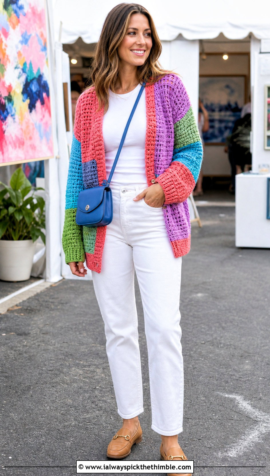 Patchwork Waffle Stitch Crochet Cardigan With White Jeans - 20 crochet waffle stitch cardigan outfit ideas