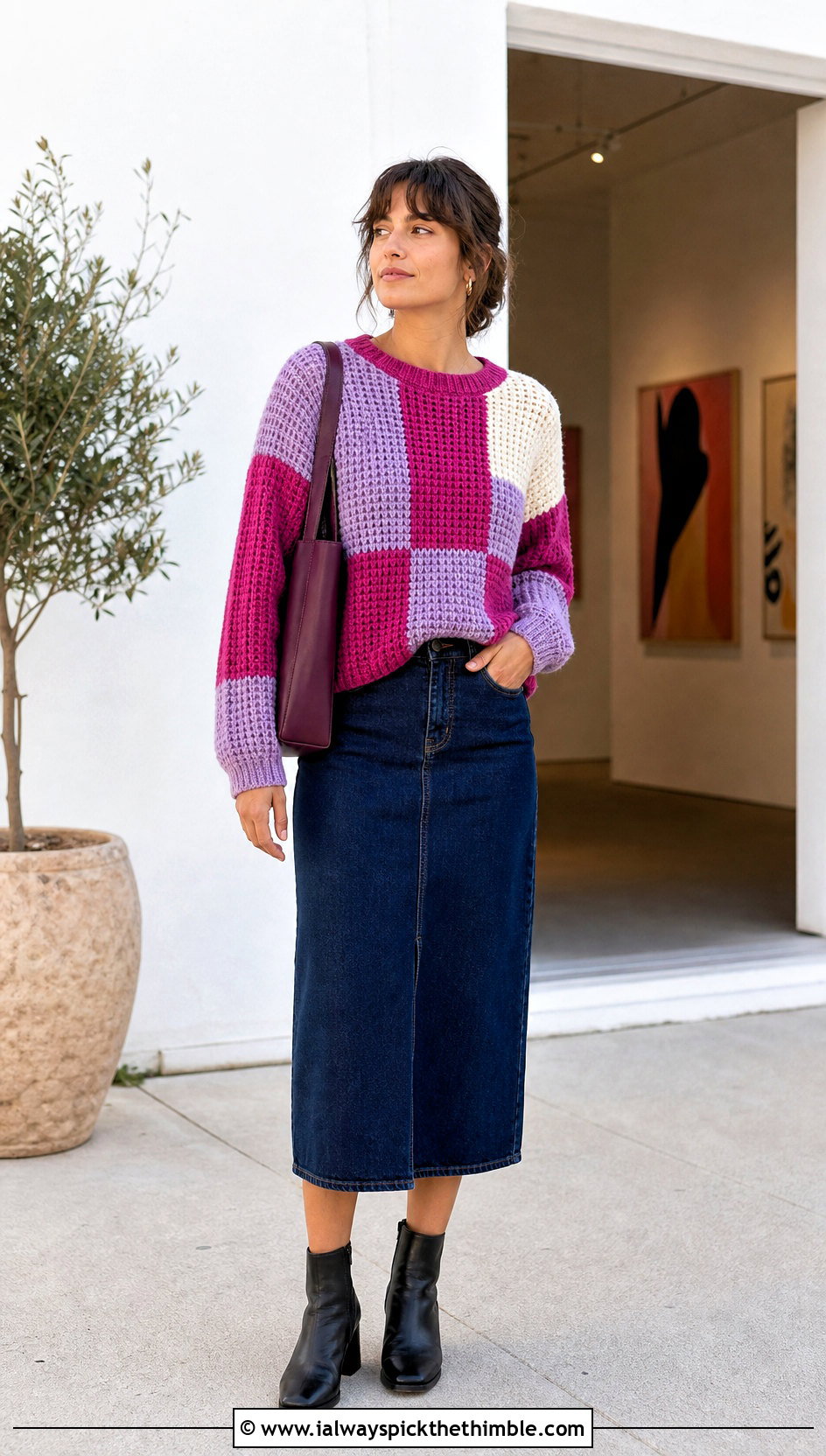 Patchwork Waffle Stitch Crochet Sweater With Denim Midi Skirt - 20 waffle stitch crochet sweater outfit ideas