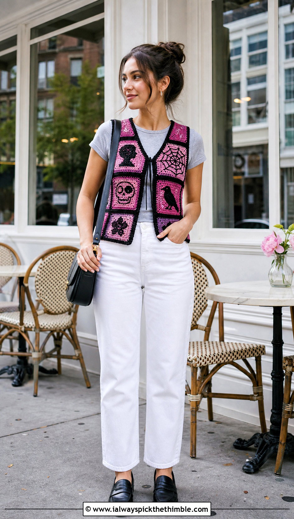Patchwork Wednesday Crochet Vest With White Jeans - 20 wednesday crochet vest outfit ideas