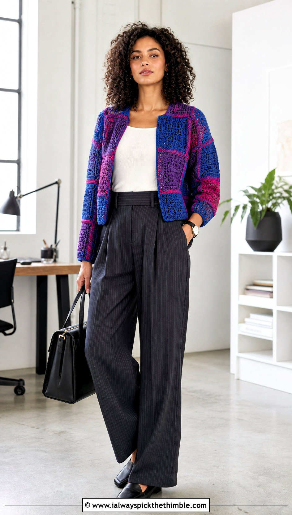 Patchwork Windowpane Grid Crochet Sweater With Pinstripe Pants - 15 Grid Crochet Sweater outfit ideas