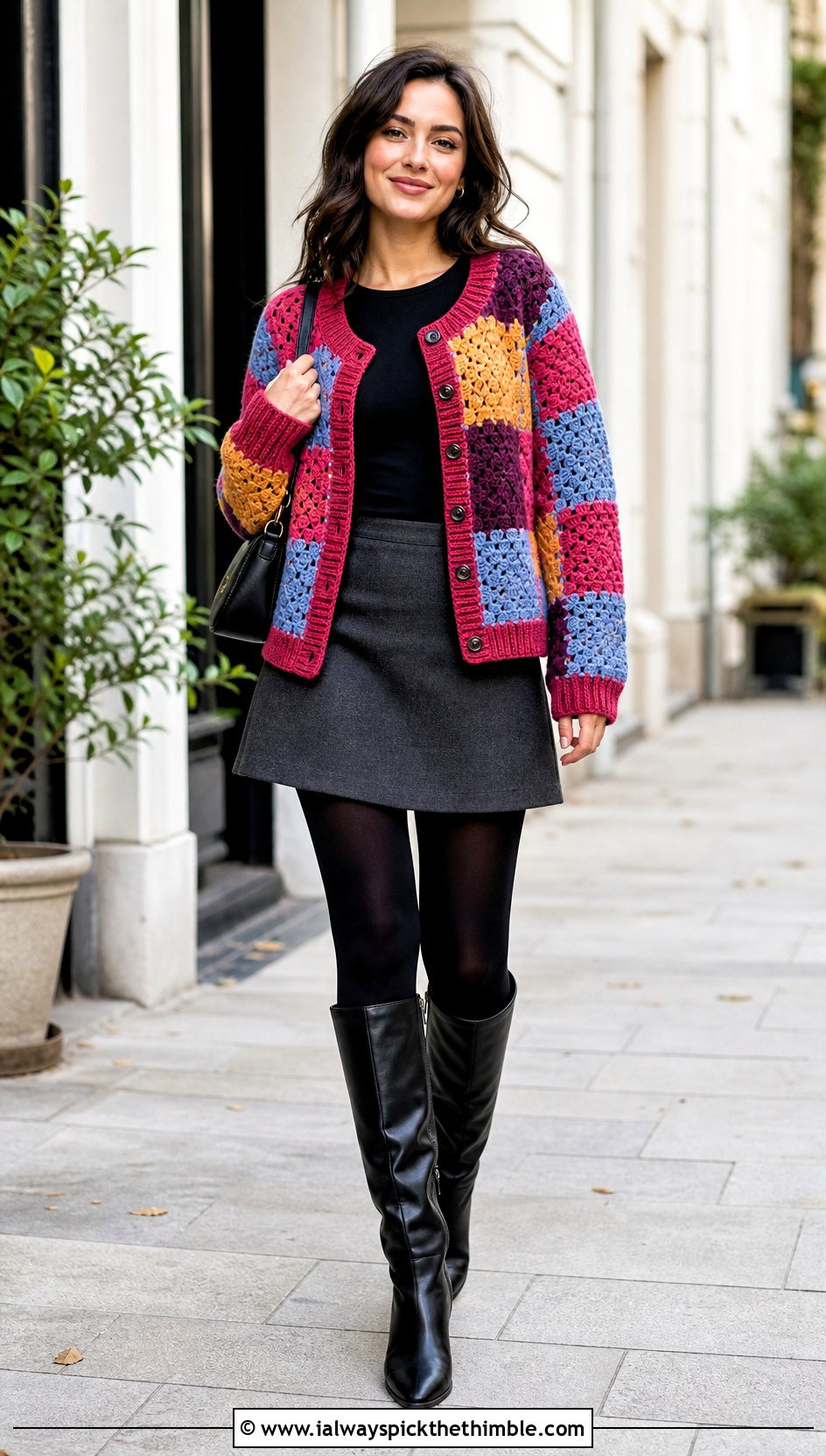 Patchwork Worsted Weight Crochet Cardigan With Mini Skirt And Boots - 20 Worsted Weight Crochet Cardigan outfit ideas