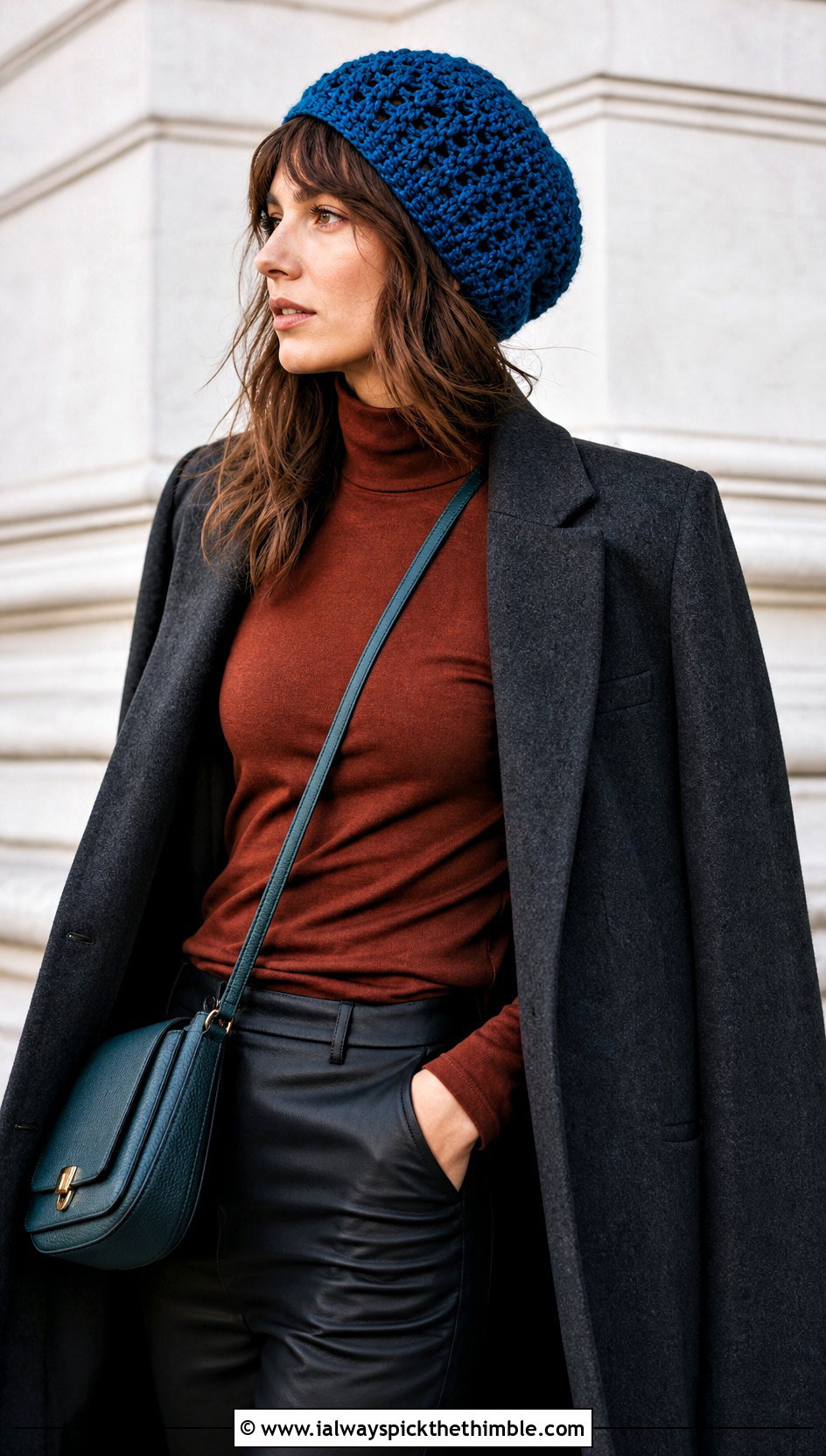 Peacock Blue Crochet Tam Hat With Turtleneck And Leather Pants - 25 Blue Crochet Hat outfit ideas