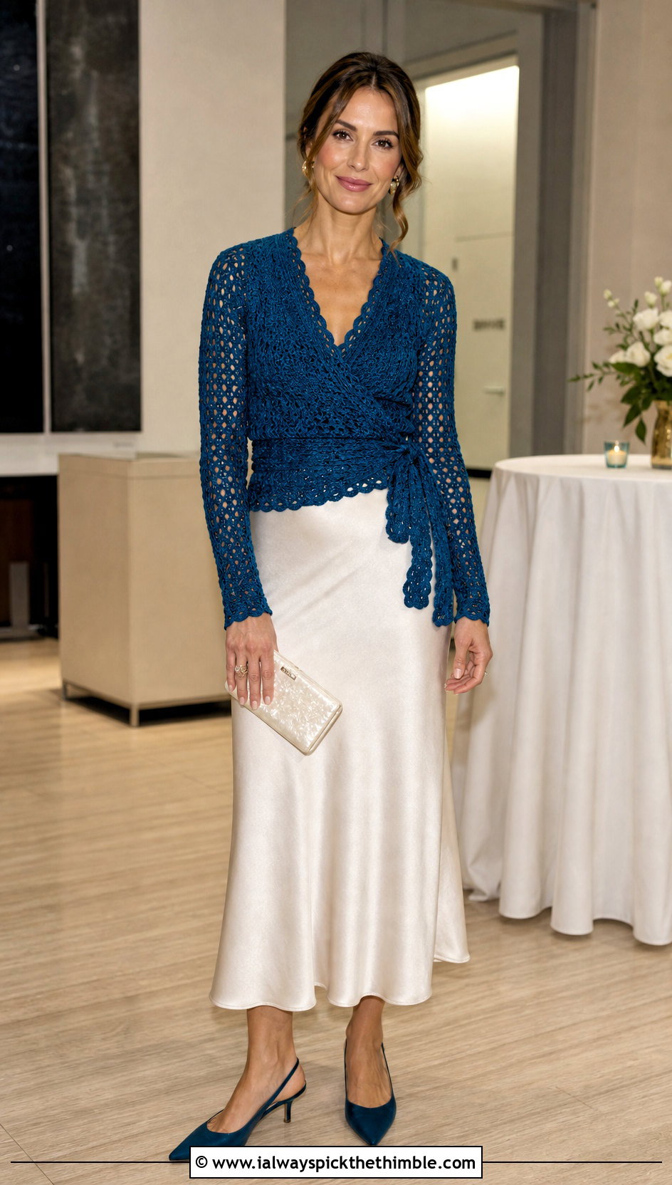 Peacock Blue Wrap Crochet Blouse With Bias Cut Skirt - 15 Blue Crochet Blouse Design outfit ideas