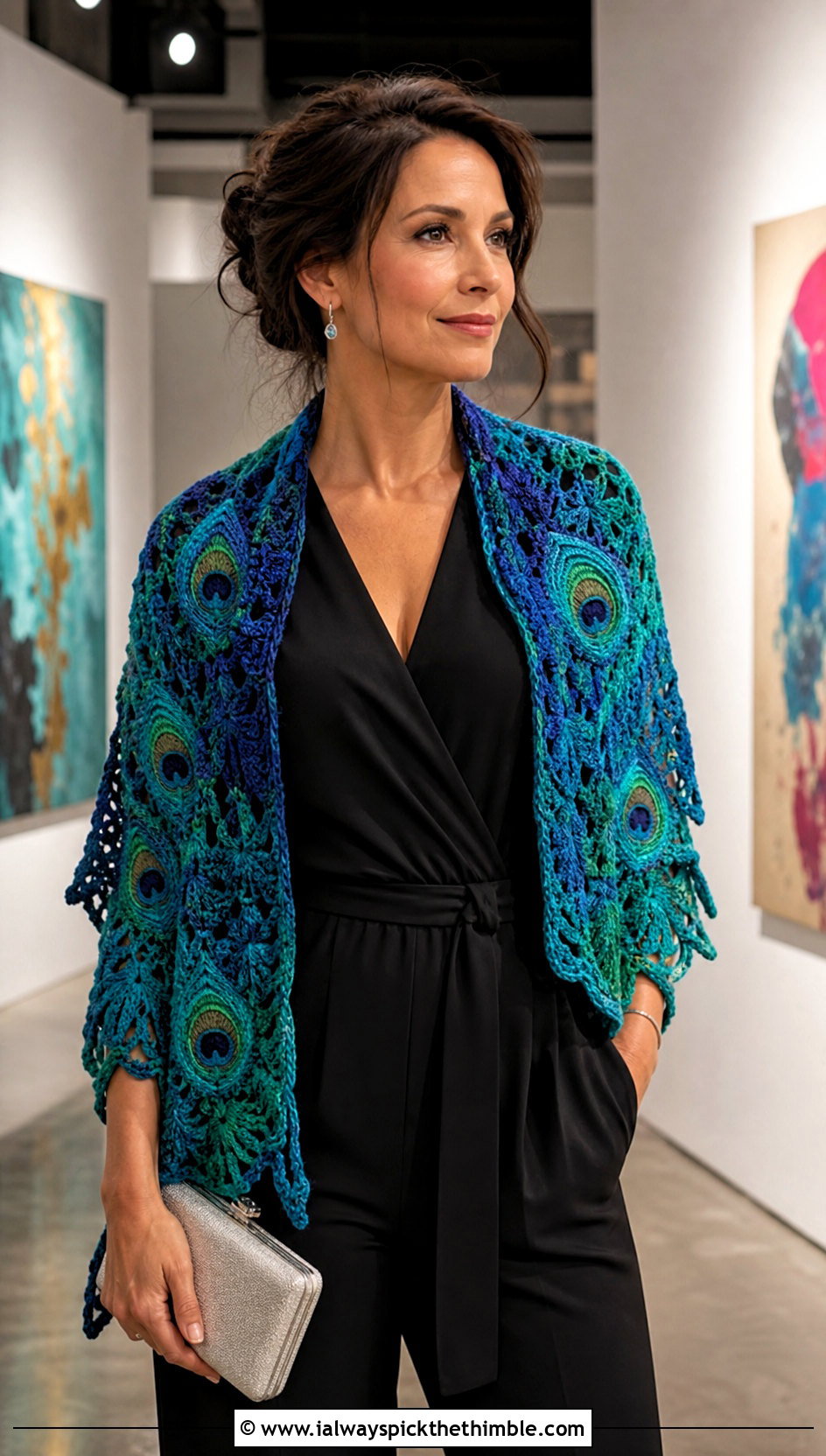 Peacock Feather Crochet Shawl With Black Jumpsuit - 20 crochet feather shawl outfit ideas