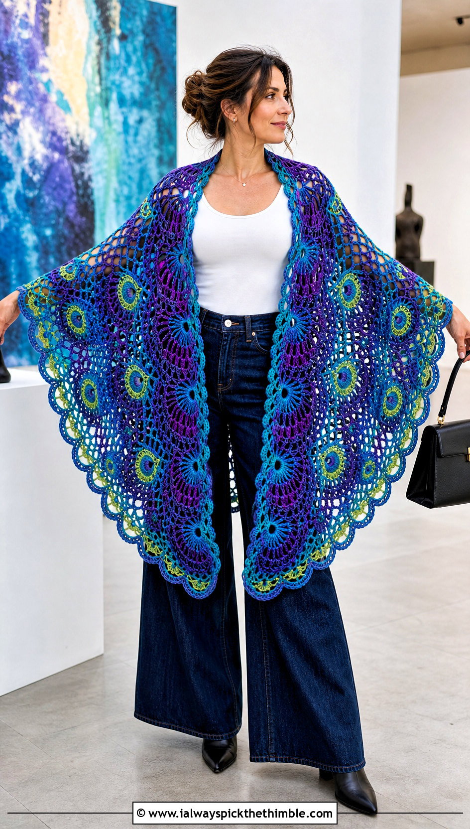 Peacock Pineapple Crochet Shawl With Wide Leg Jeans - 20 pineapple crochet shawl outfit ideas