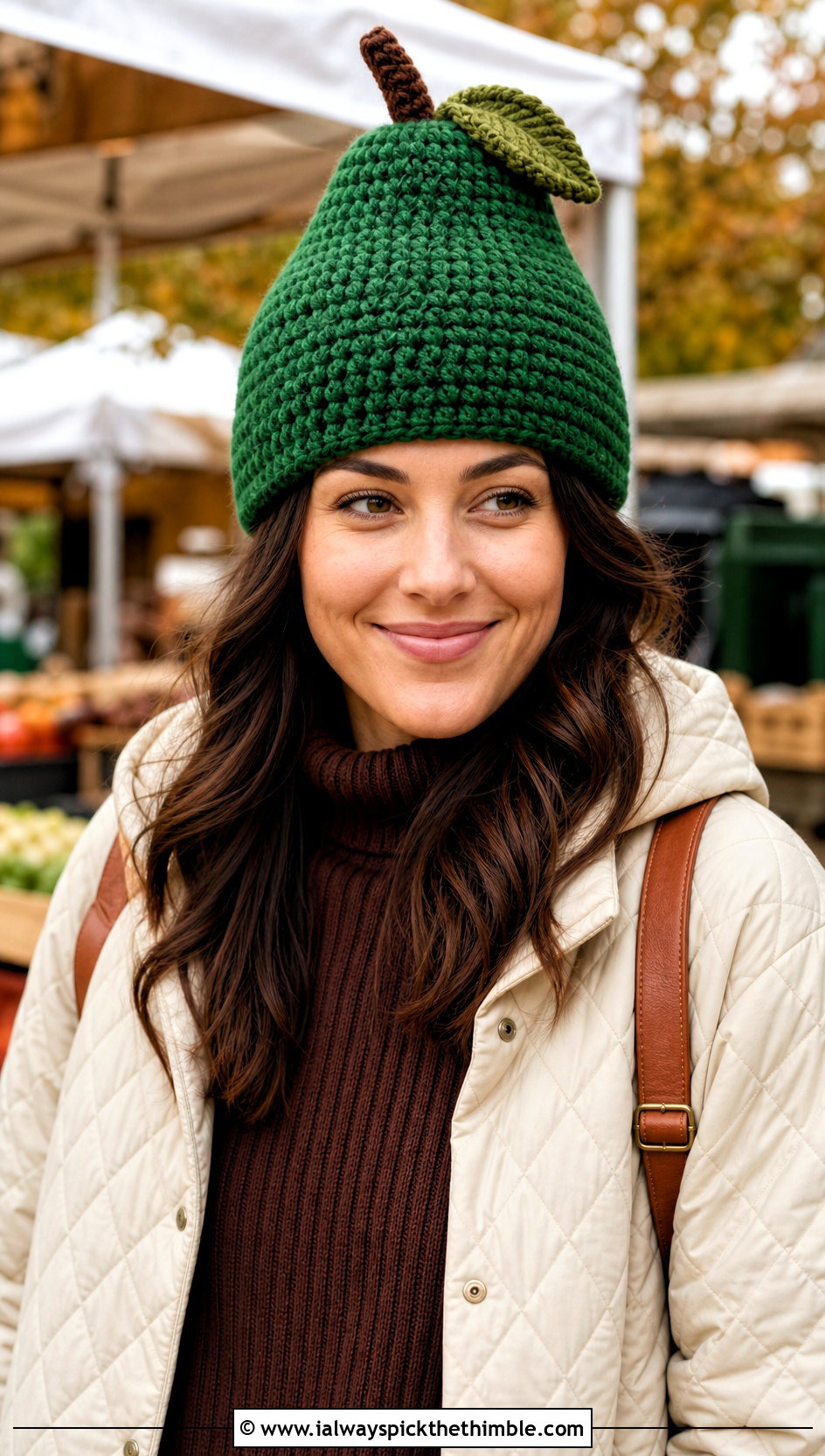 Pear Crochet Beanie With Quilted Jacket - 20 crochet fruit beanie outfit ideas
