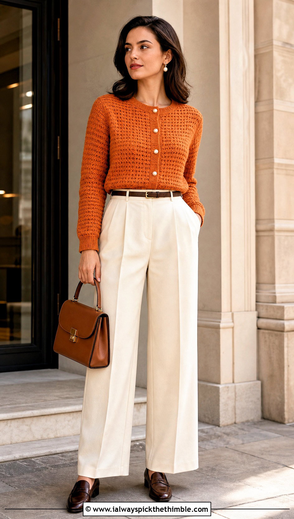 Pearl Button Crochet Cardigan With Pleated Trousers - 20 Crochet Fancy Cardigan outfit ideas