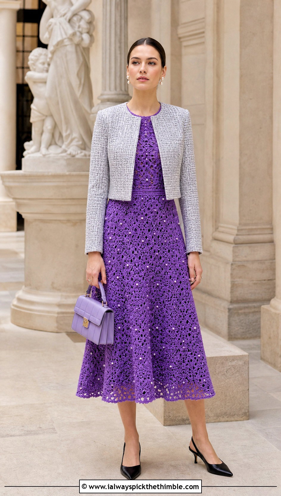 Pearl Embellished Crochet A Line Dress With Tweed Jacket - 15 Pearl Embellished Crochet Dress outfit ideas