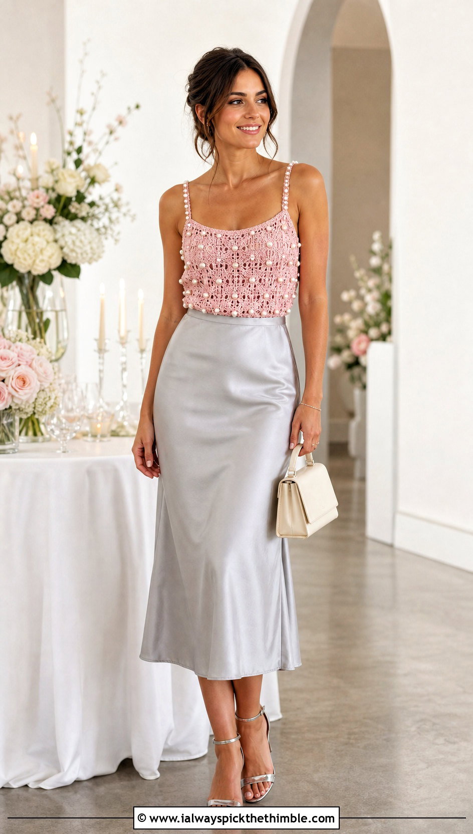 Pearl Embellished Crochet Camisole Top With Satin Midi Skirt - 15 pearl embellished crochet top outfit ideas