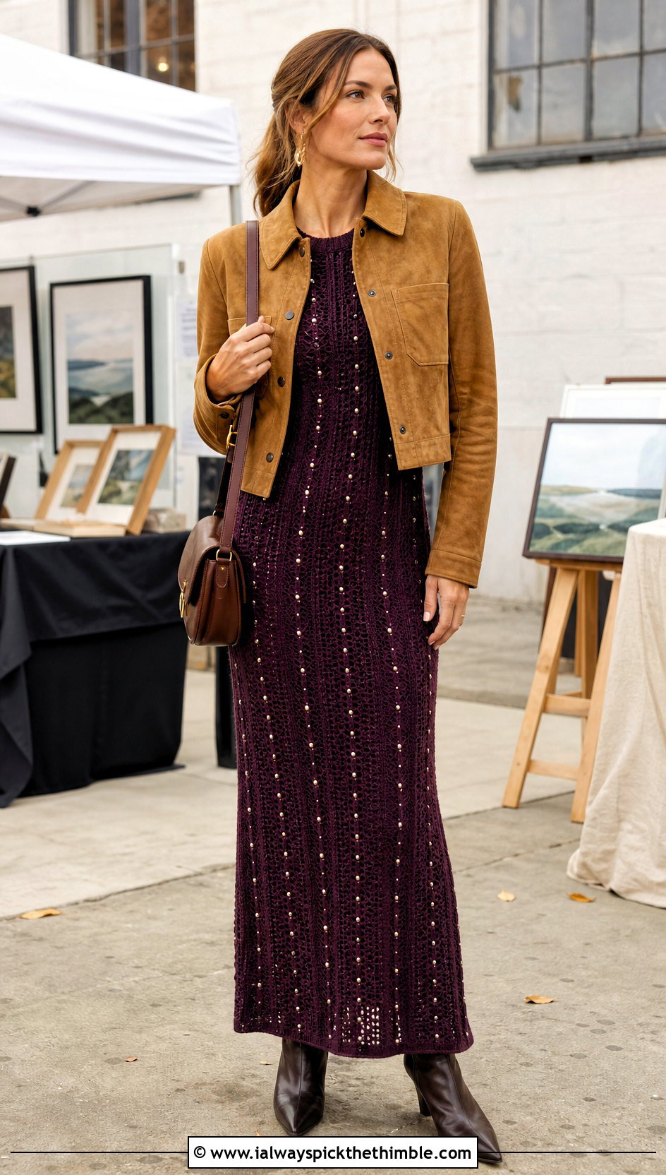 Pearl Embellished Crochet Column Dress With Suede Jacket - 15 Pearl Embellished Crochet Dress outfit ideas