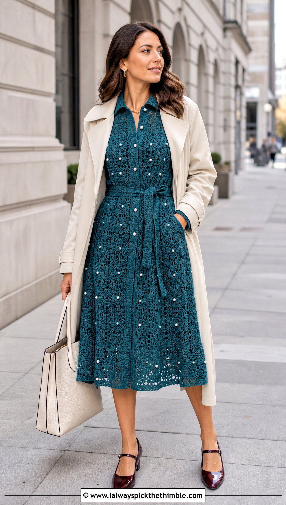 Pearl Embellished Crochet Shirt Dress With Trench Coat - 15 Pearl Embellished Crochet Dress outfit ideas