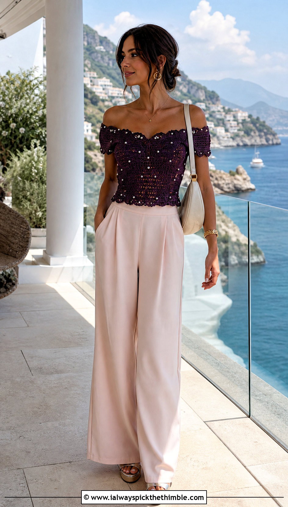 Pearl Embellished Off Shoulder Crochet Top With Wide Leg Pants - 15 pearl embellished crochet top outfit ideas