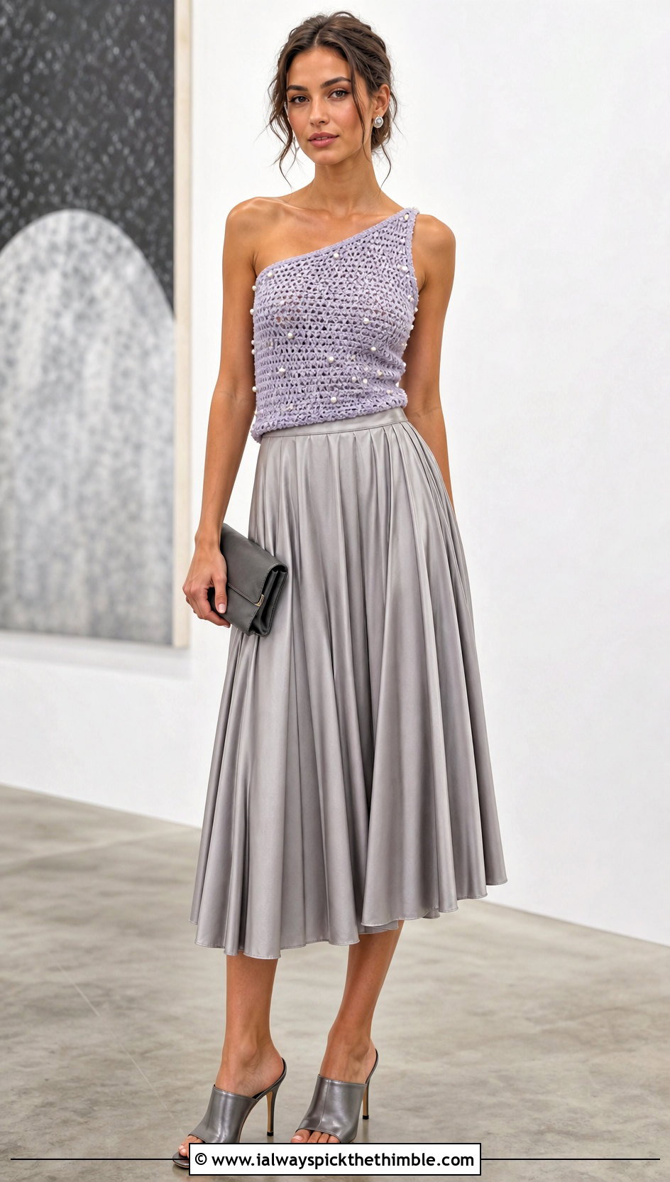 Pearl Embellished One Shoulder Crochet Top With Pleated Skirt - 15 pearl embellished crochet top outfit ideas