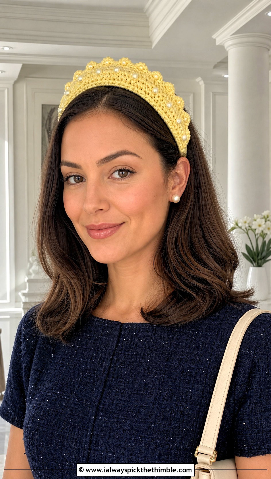 Pearl Trimmed Crochet Mermaid Headband With Tweed Dress - 20 Crochet Mermaid Headband outfit ideas