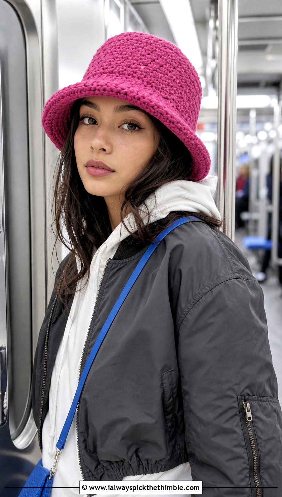 Pebble Stitch Brimmed Crochet Hat With Bomber Jacket - 15 Textured Crochet Hat outfit ideas