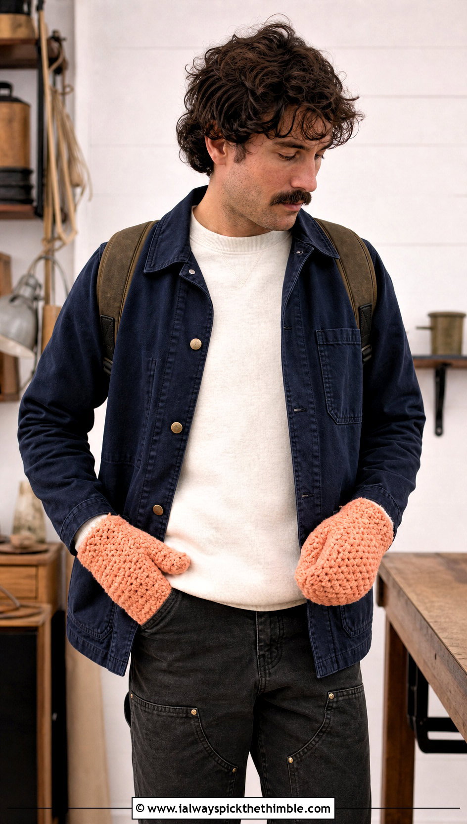 Pebble Stitch Crochet Mittens With Chore Jacket - 20 crochet mittens for men outfit ideas