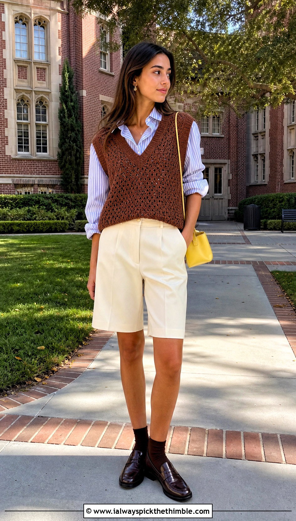 Pecan Crochet Sweater Vest With Striped Shirt And Bermuda Shorts - 15 Brown Crochet Sweater Design outfit ideas