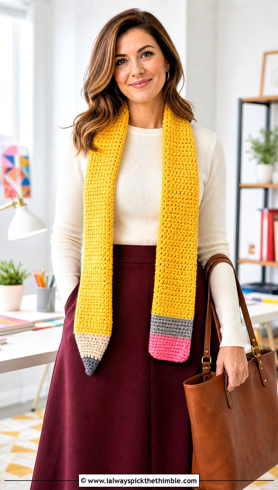 Pencil Crochet Scarf With Sweater And Midi Skirt - 15 Funny Crochet Scarf outfit ideas