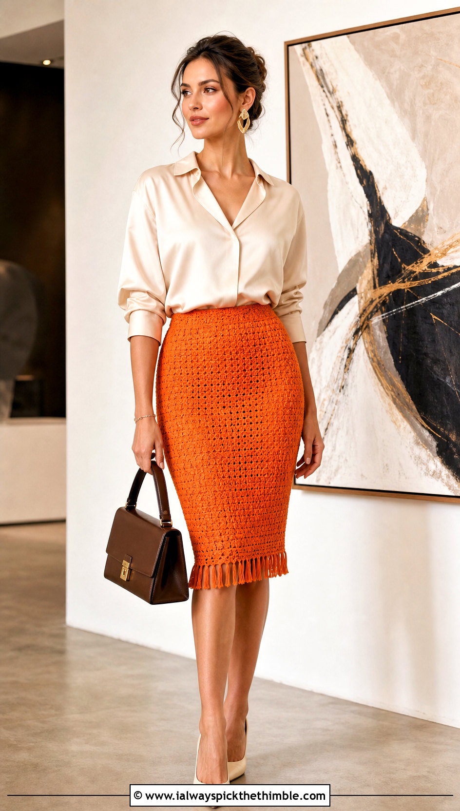Pencil Tassel Crochet Skirt With Silk Blouse - 20 crochet skirt with tassels outfit ideas
