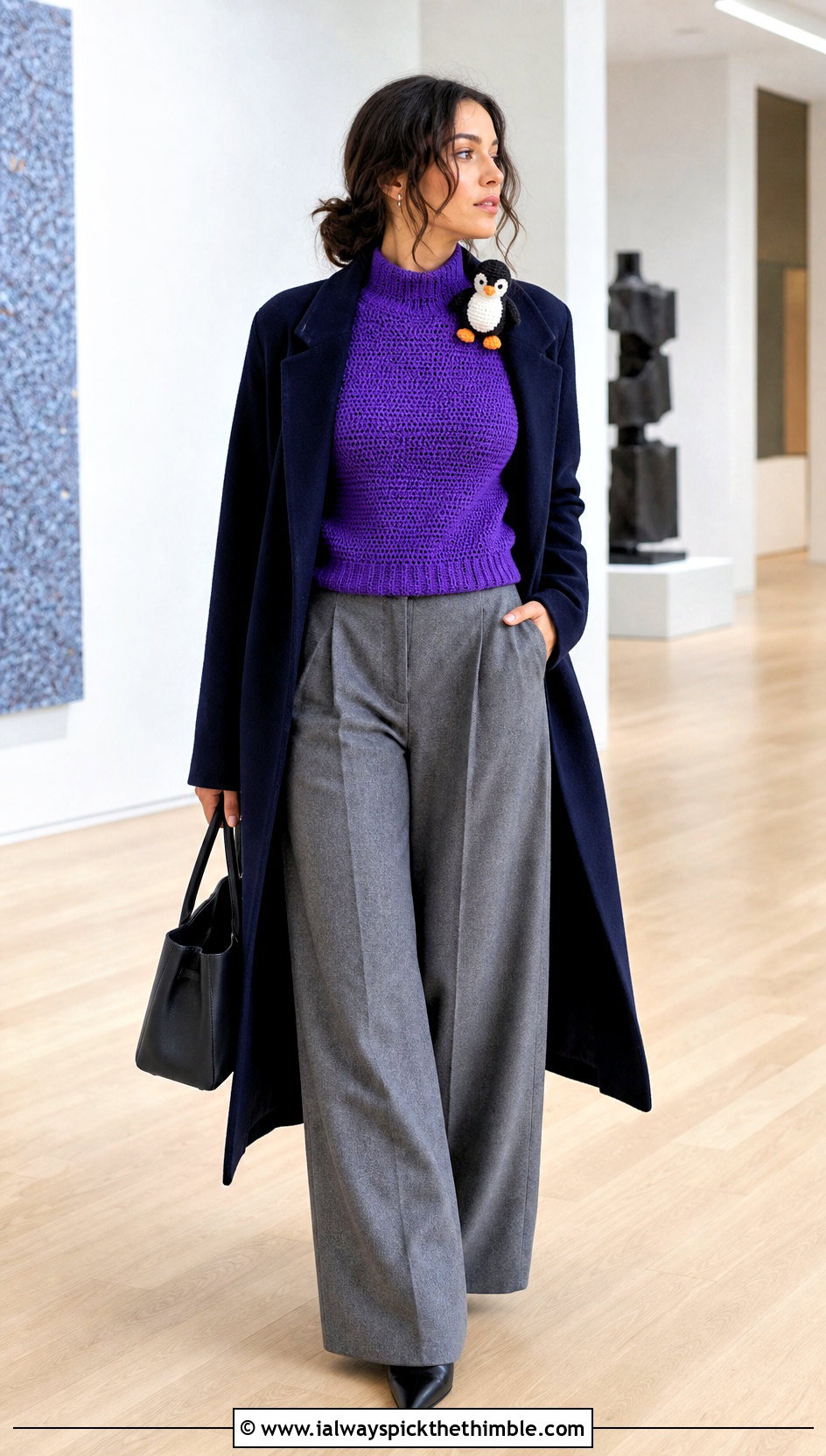 Penguin Amigurumi Mock Neck Shirt With Wool Trousers - 20 Amigurumi Shirt outfit ideas