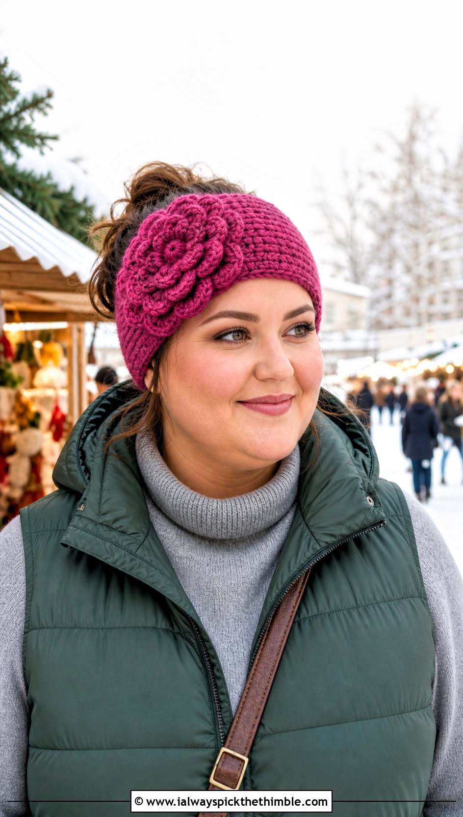 Peony Ear Warmer Crochet Headband With Puffer Vest - 25 flower crochet headband outfit ideas