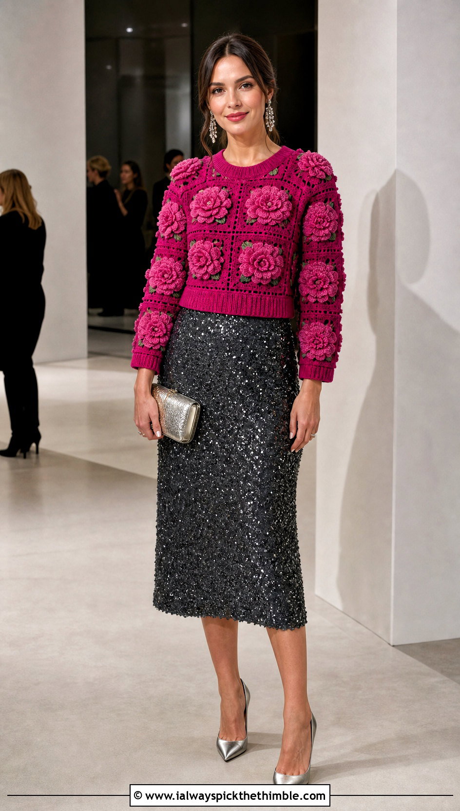 Peony Flower Granny Square Sweater With Sequin Midi Skirt - 20 flower granny square sweater outfit ideas