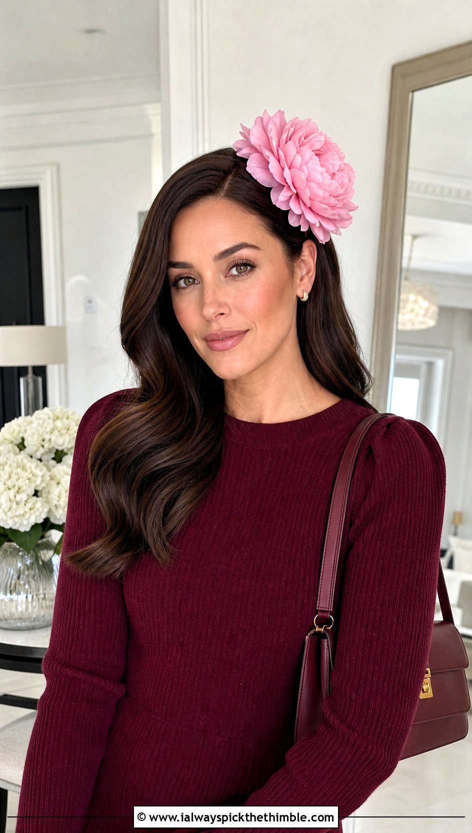 Peony Puff Flower Headband With Monochrome Knit Dress - 20 crochet puff flower headband outfit ideas