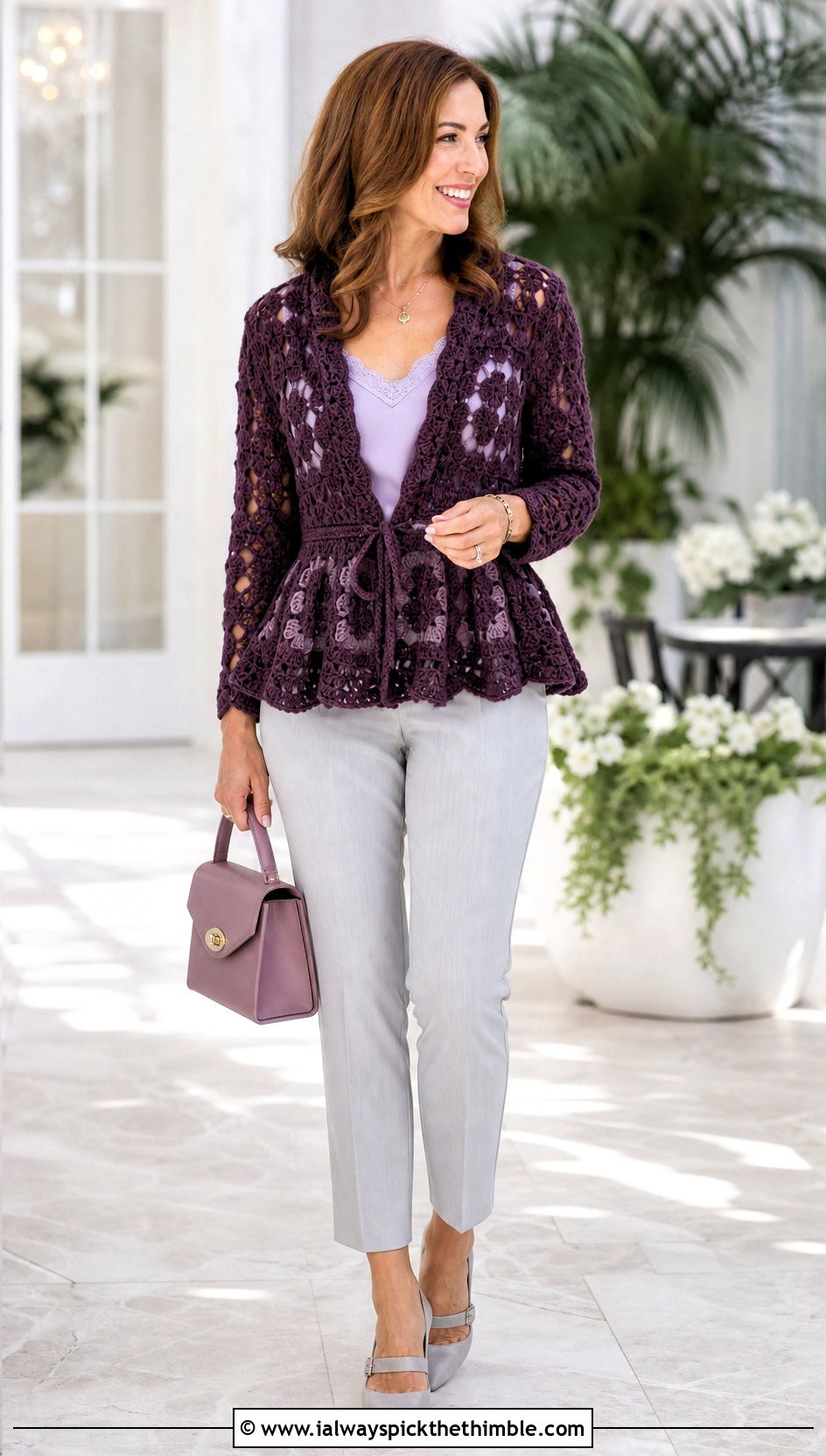 Peplum Continuous Granny Square Cardigan With Cigarette Pants - 20 continuous granny square cardigan outfit ideas
