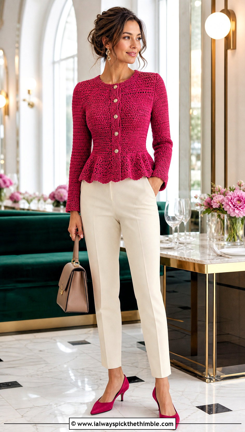 Peplum Crochet Button Down Cardigan With Cigarette Pants - 20 crochet button down cardigan outfit ideas