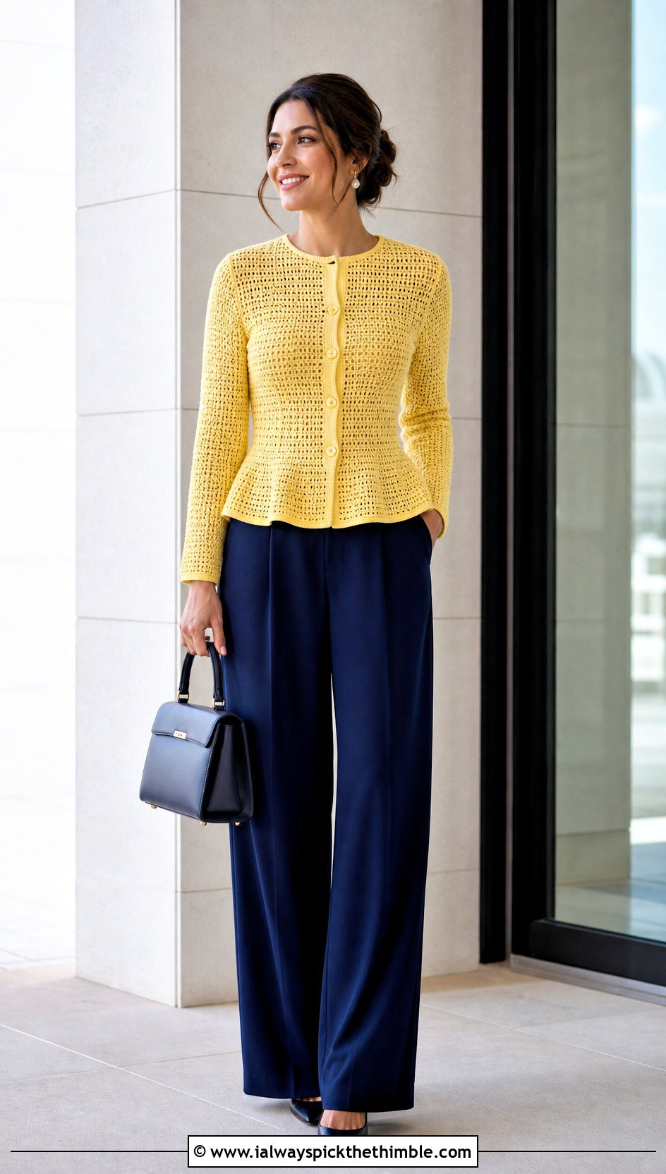 Peplum Crochet Cardigan With Wide Leg Trousers - 20 Modern Crochet Cardigan outfit ideas