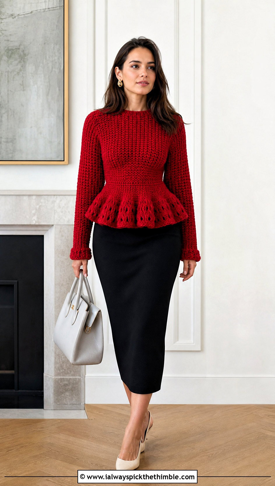 Peplum Crochet Chunky Sweater With Pencil Skirt And Slingbacks - 25 crochet chunky sweater outfit ideas