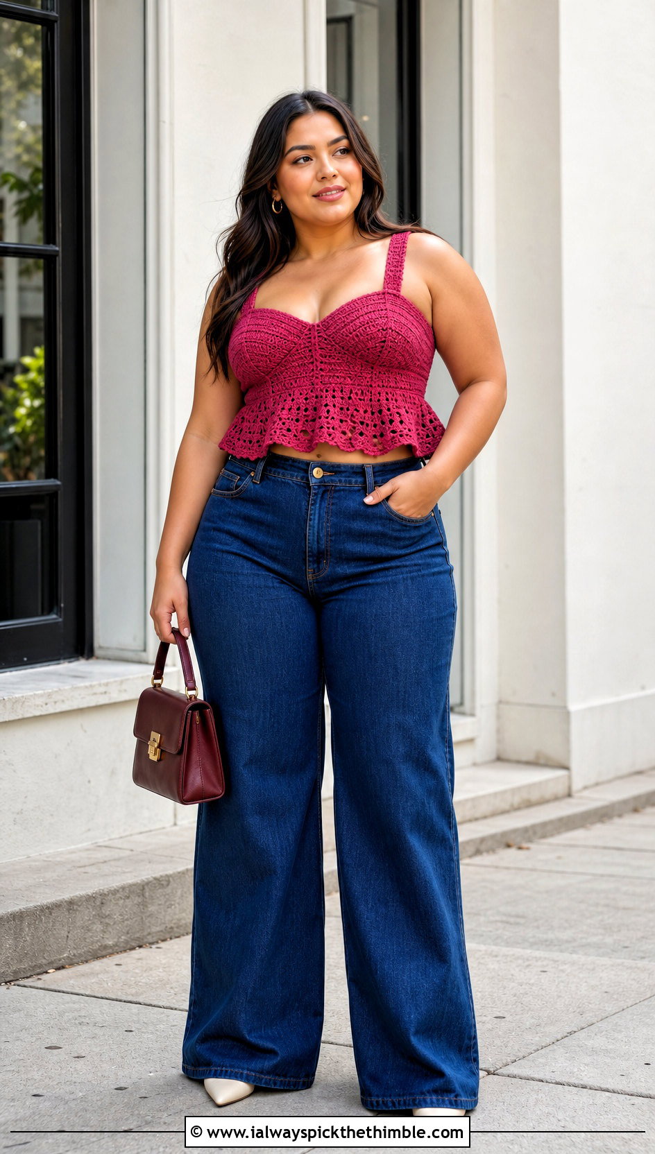 Peplum Crochet Crop Top With Wide Leg Jeans - 25 crochet crop top outfits ideas