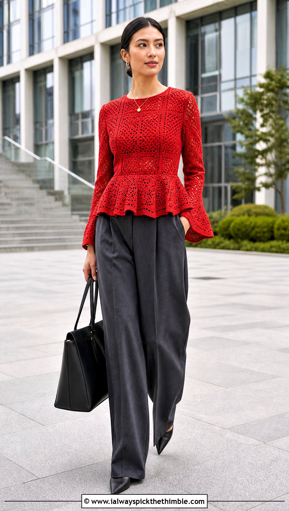 Peplum Crochet Flowy Top With Tailored Trousers - 15 crochet flowy top outfit ideas