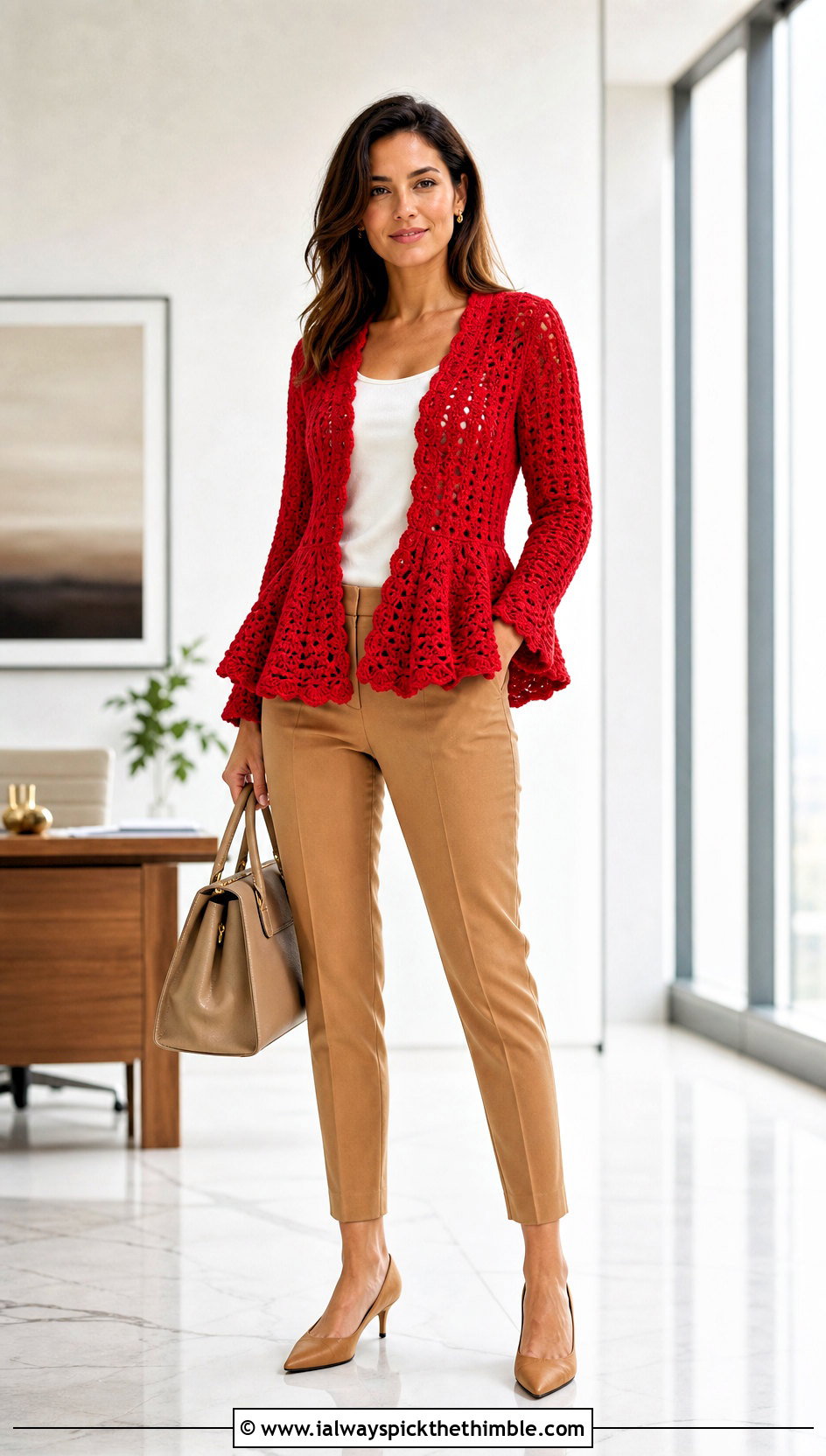 Peplum Crochet Folklore Cardigan With Slim Trousers - 25 crochet folklore cardigan outfit ideas