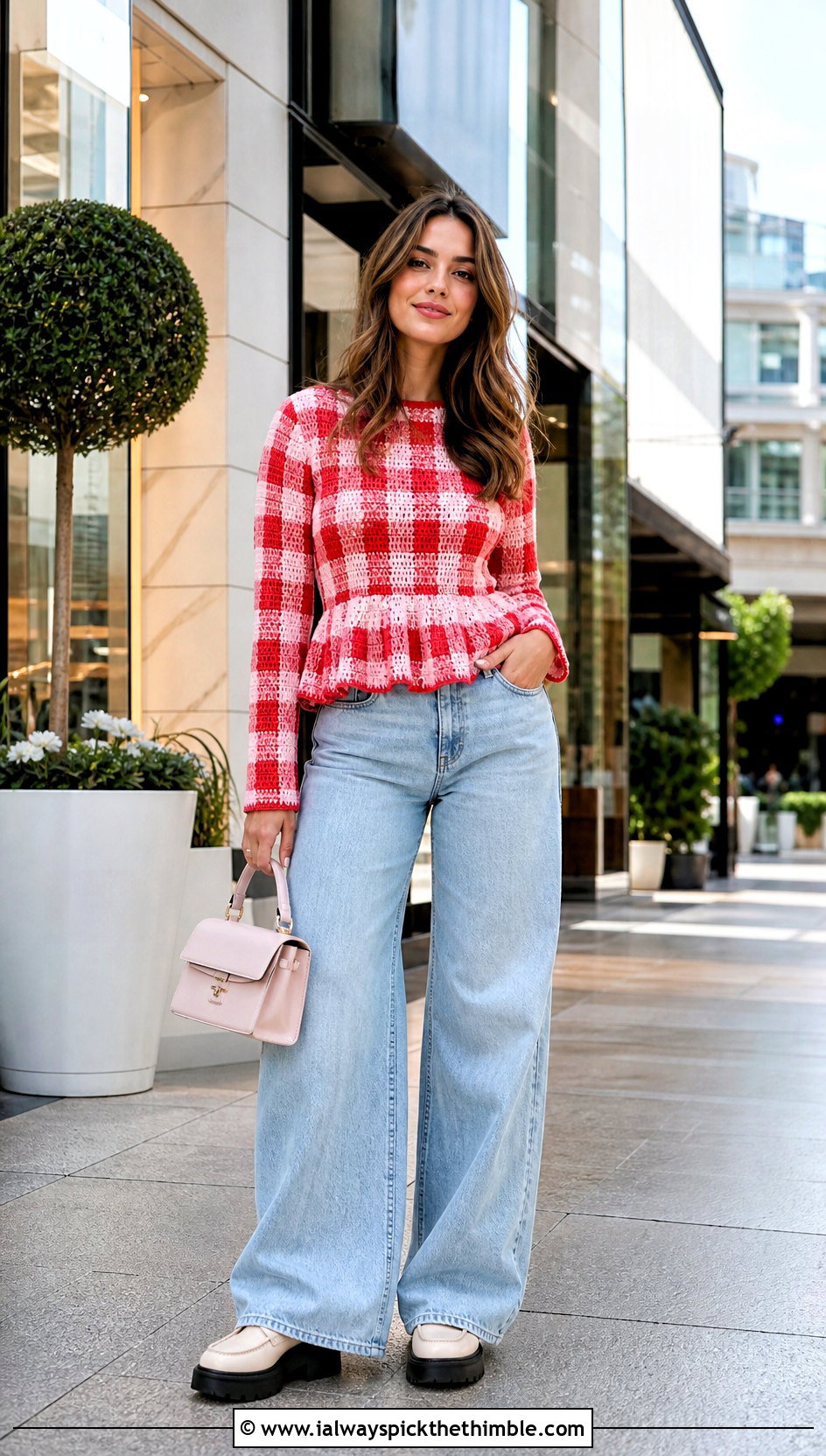 Peplum Crochet Gingham Sweater With Wide Leg Jeans - 20 Crochet Gingham Sweater outfit ideas