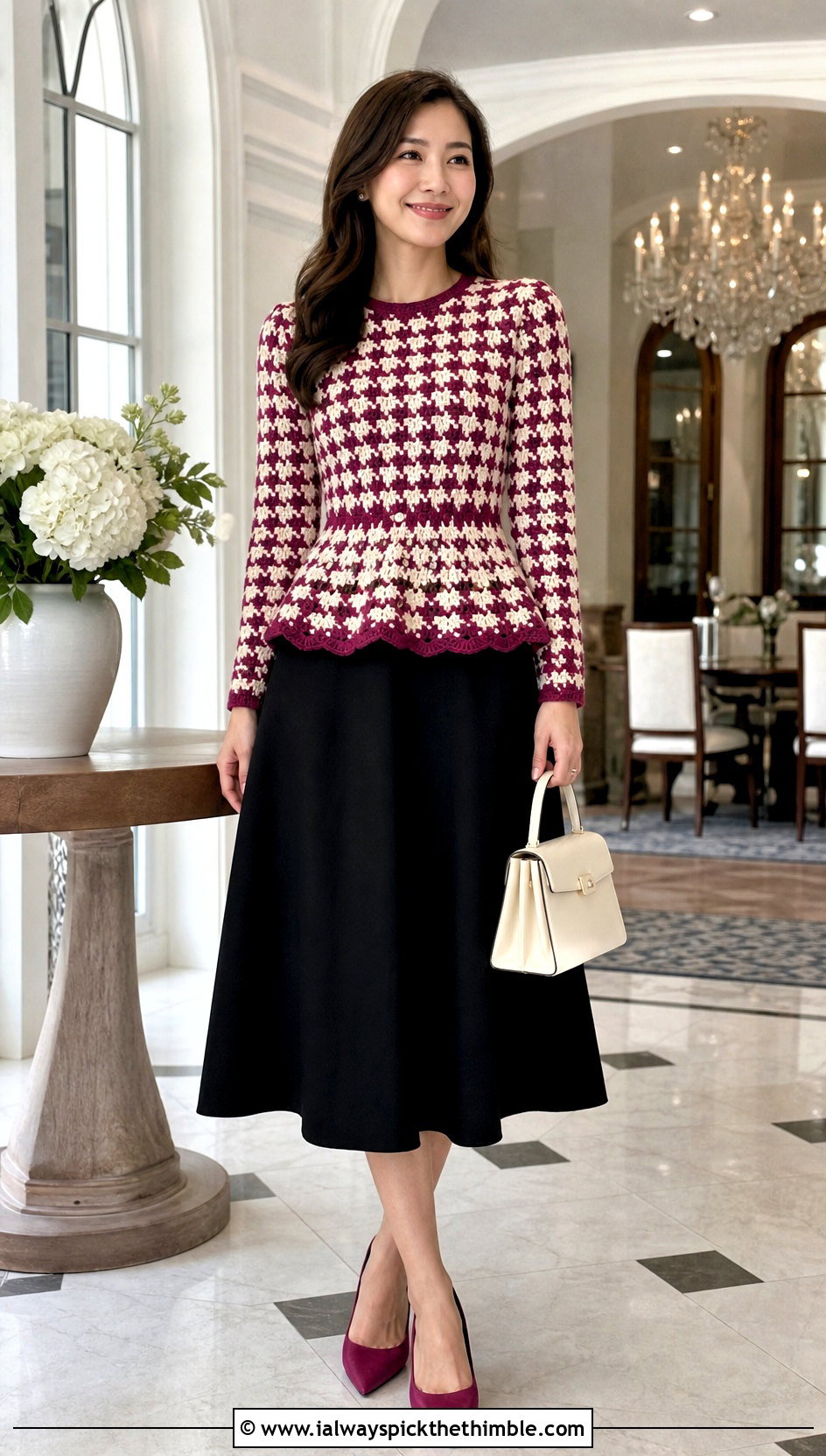 Peplum Crochet Houndstooth Sweater With A Line Skirt - 25 crochet houndstooth sweater outfit ideas