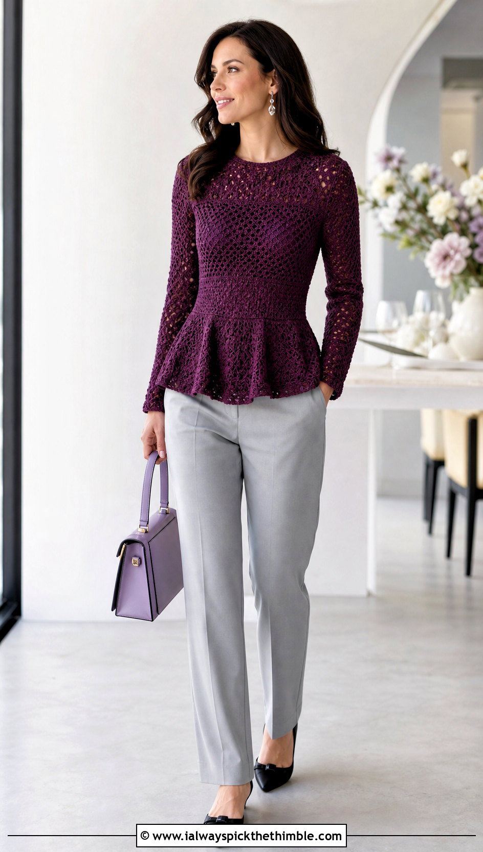 Peplum Crochet Long Sleeve Top With Straight Leg Pants - 25 crochet long sleeve top outfit ideas