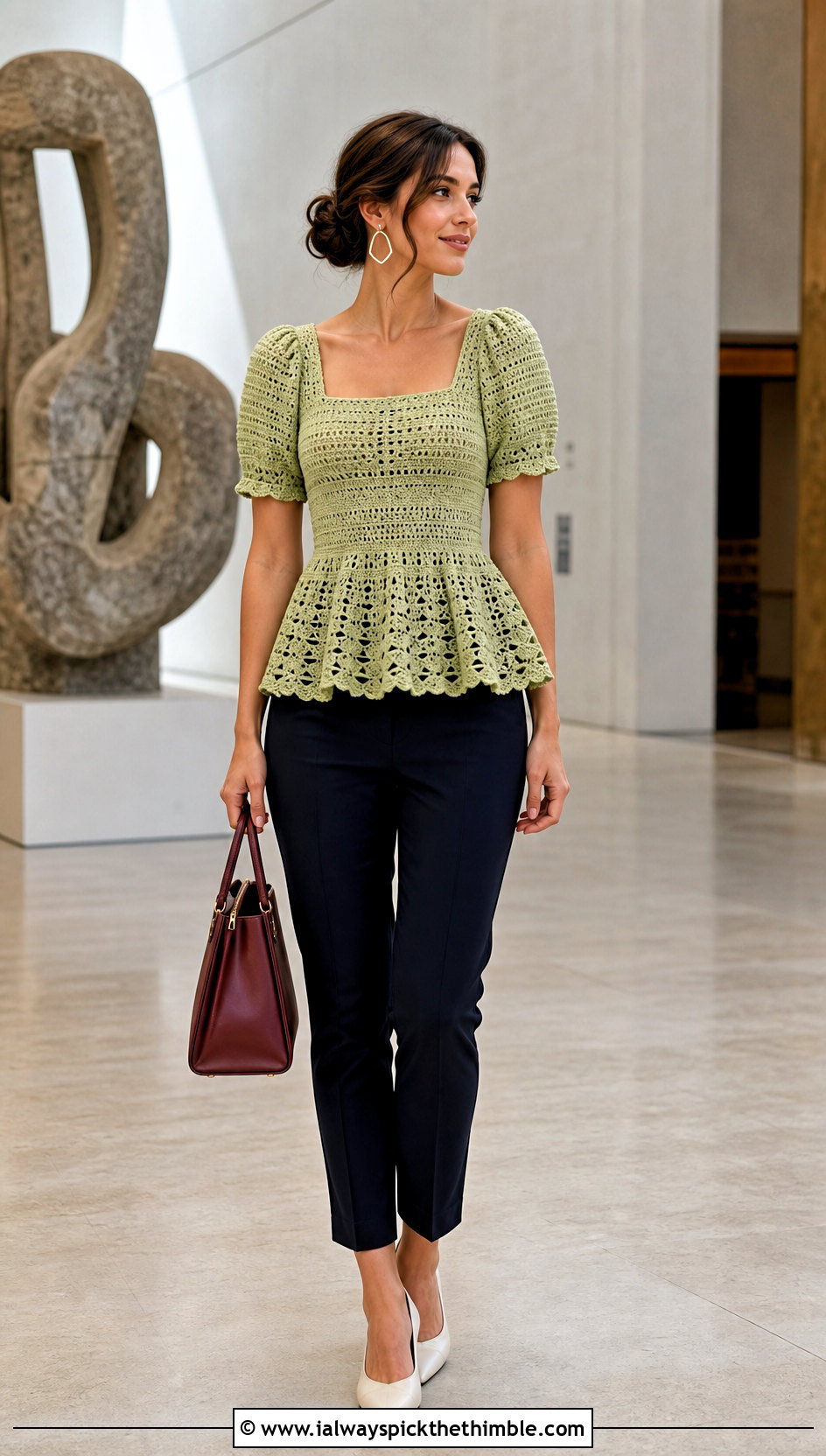 Peplum Crochet Milkmaid Top With Slim Ankle Pants - 20 Crochet Milkmaid Top outfit ideas